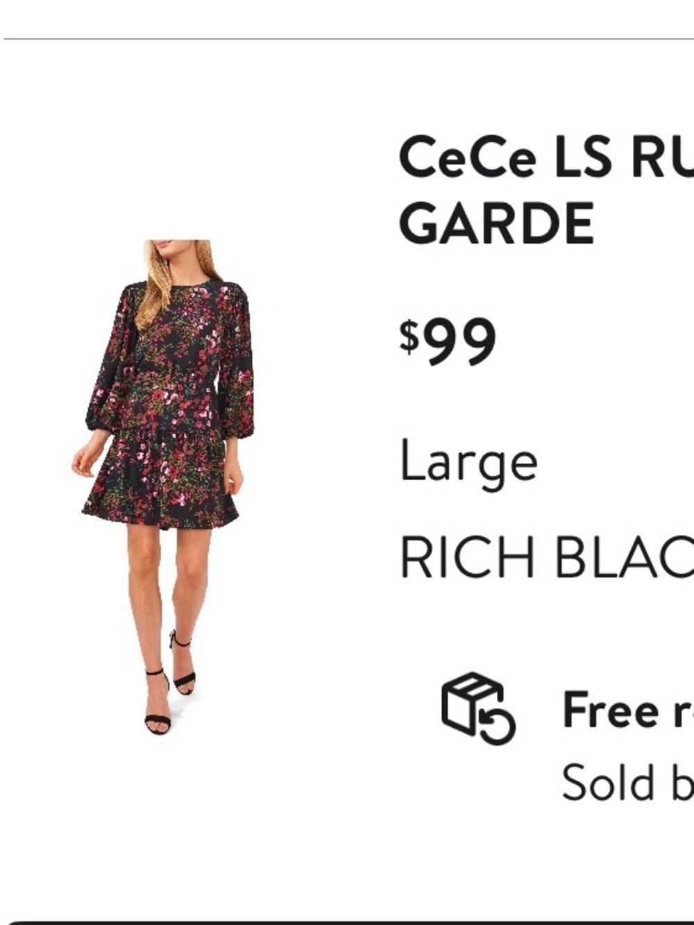 CeCe Black Floral Ruffled Long-Sleeve Dress Size Large